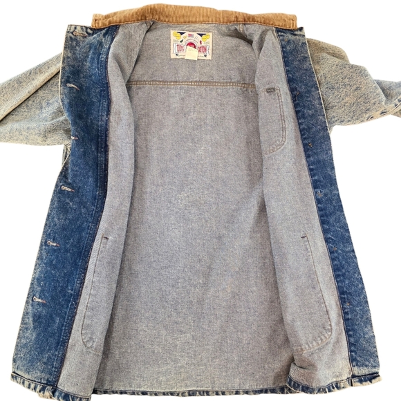 Vintage 80s Lee Long Line Denim Corduroy Collar Chore Barn Jacket Medium USA - Picture 4 of 9